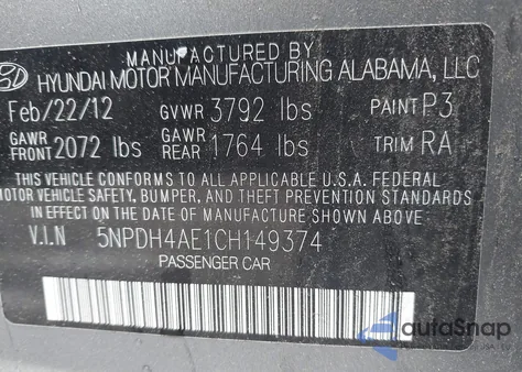 2012 Hyundai Elantra Limited from USA, damaged, VIN 5NPDH4AE1CH149374
